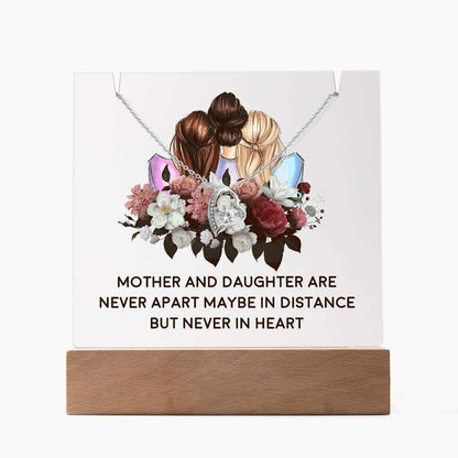 Mother and daughter acrylic LED nightlight with Forever Love Necklace, floral design, wooden LED base.