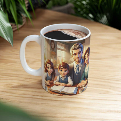 Ceramic coffee cup featuring family worship theme, vibrant colors, dishwasher safe.