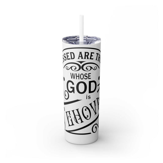 20oz stainless steel tumbler with "Blessed" design, featuring 12-hour hot and 24-hour cold retention, BPA-free, includes lid and straw.