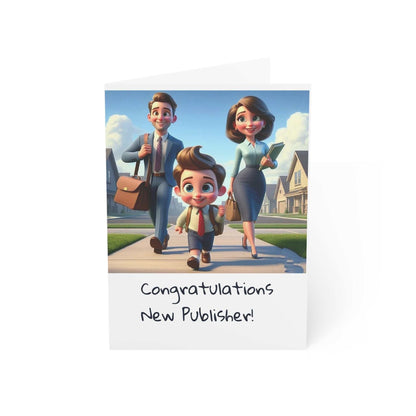 Greeting card for young new publisher in ministry with family illustration.