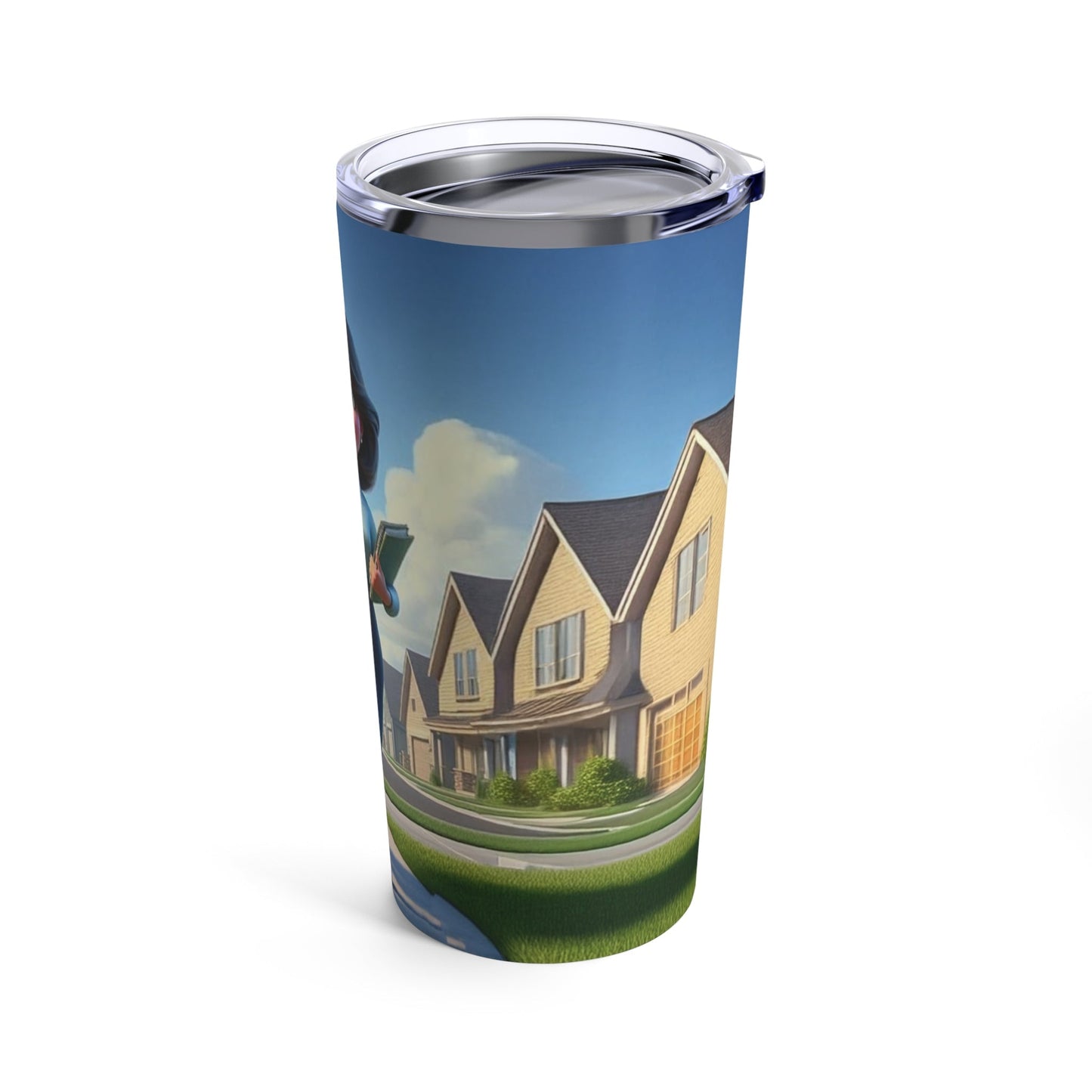 20oz stainless steel tumbler with ministry family design, vacuum insulated, clear lid, glossy finish.