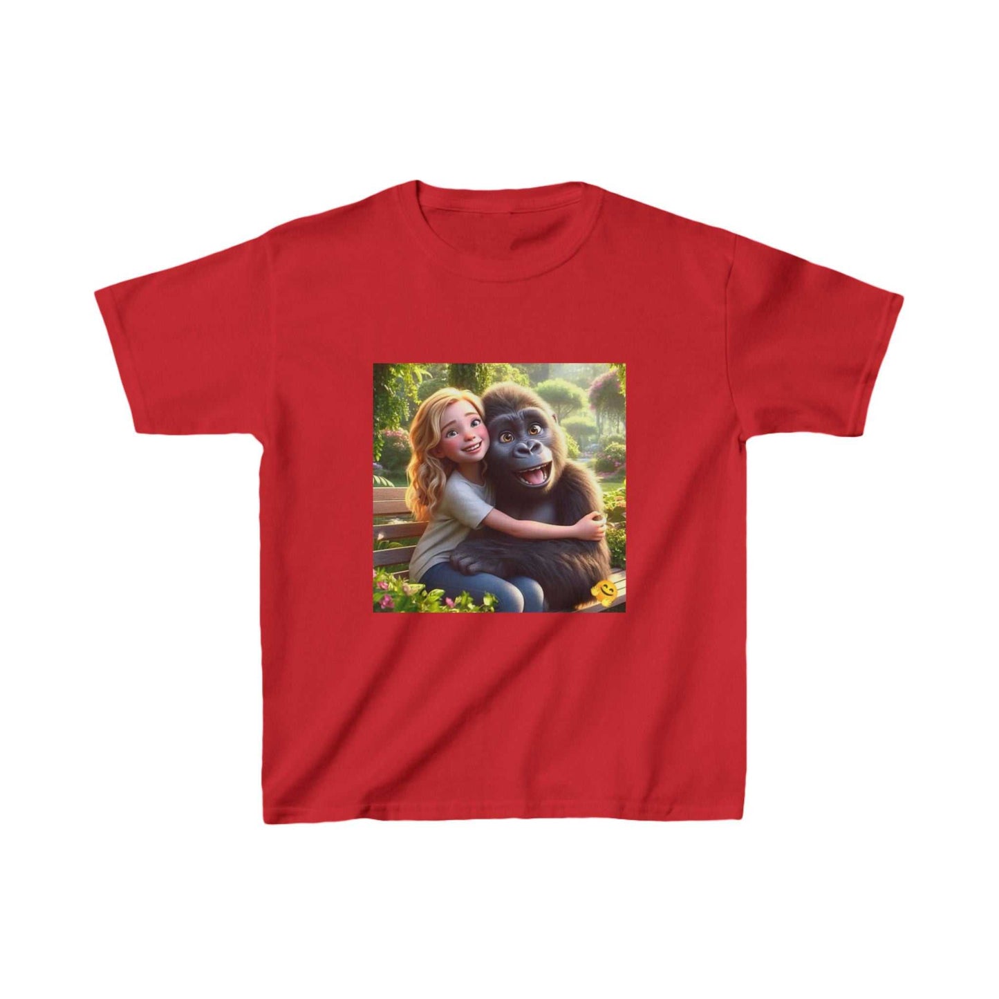 Child's red t-shirt featuring a girl hugging a gorilla, soft heavy cotton, playful design for kids.