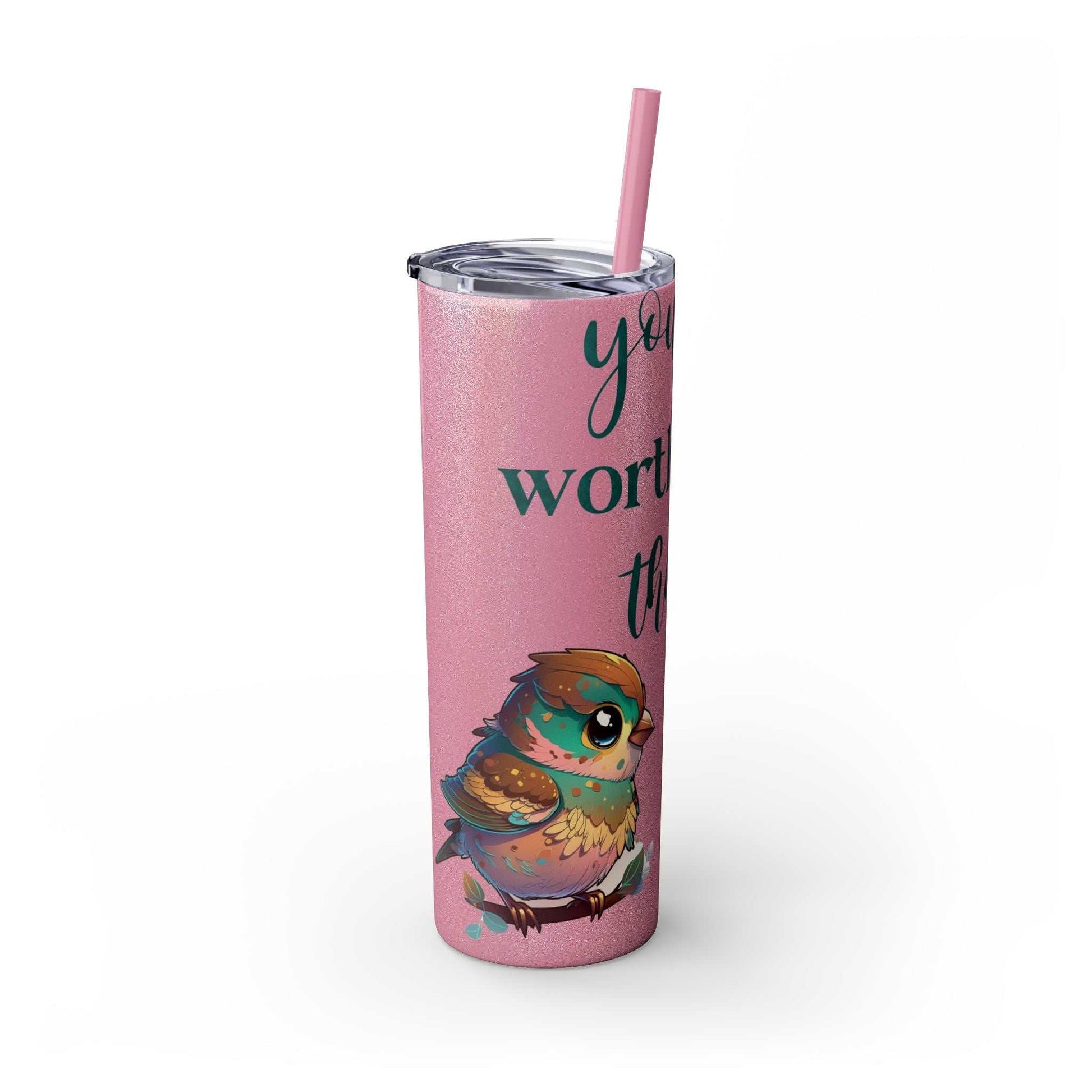 Stainless steel tumbler with bird design and "Worth More Than Sparrows" text, 20oz, pink lid and straw.