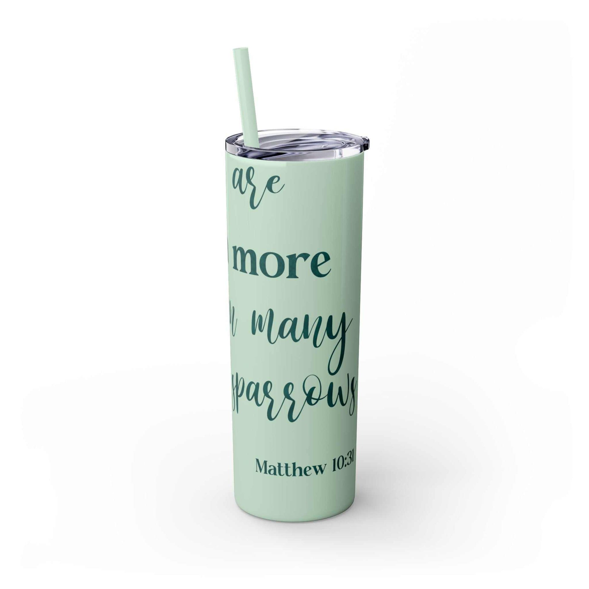 Stainless steel tumbler with "Worth More Than Sparrows" design, 20oz size, includes matching straw and lid.