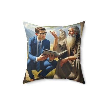 Decorative pillow with a double-sided print featuring preaching to a resurrected man and a happy family in paradise.