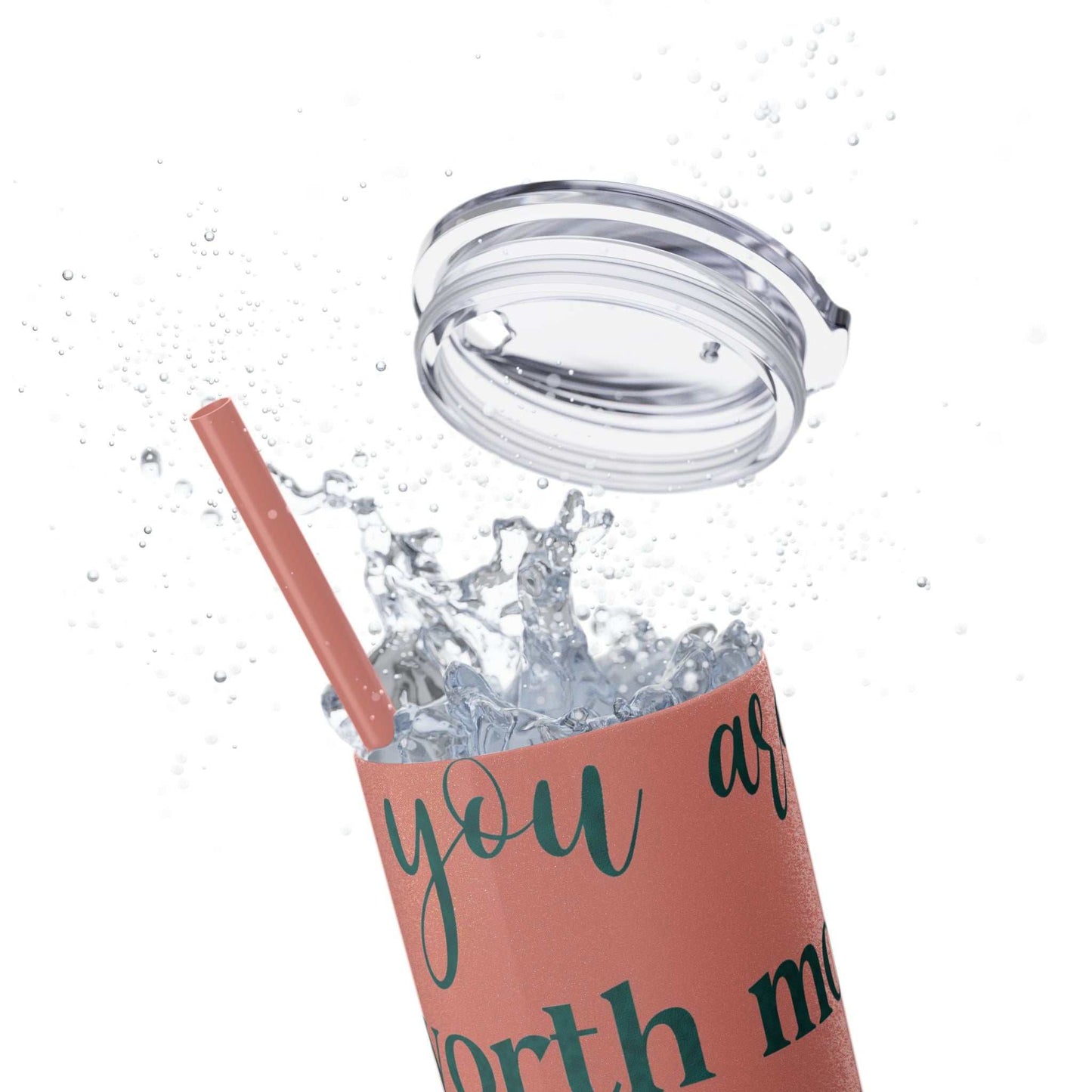 Stainless steel tumbler with "Worth More Than Sparrows" design and color-matching straw.