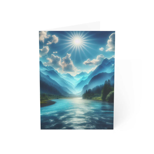 Greeting card with river and mountain scenery, customizable with envelopes included.