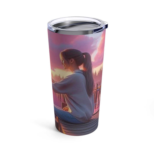 20oz tumbler featuring girl with dolphin at sunset, stainless steel, vacuum insulated.