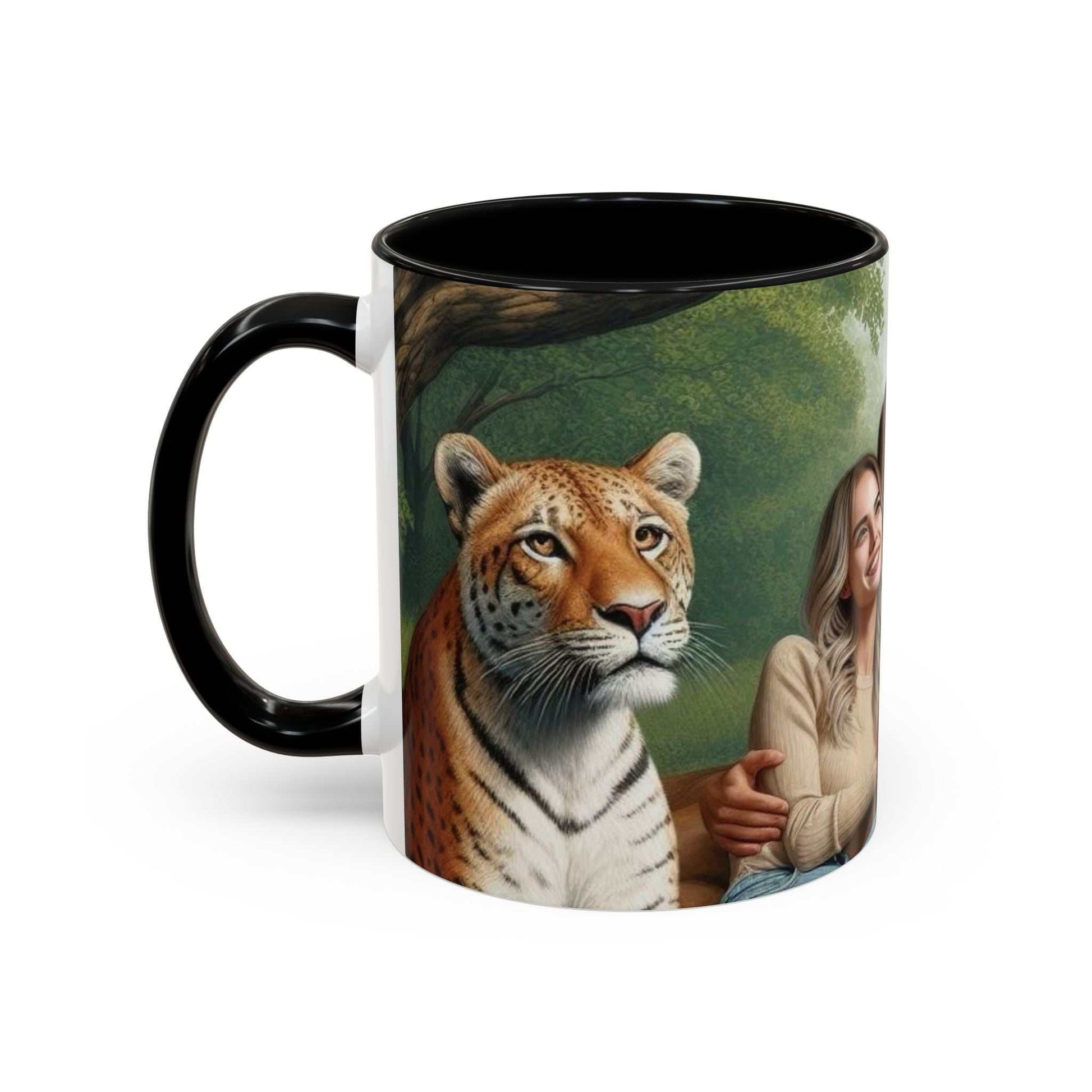 Ceramic coffee mug with tiger and lion couple design, glossy and vibrant, dishwasher and microwave safe.