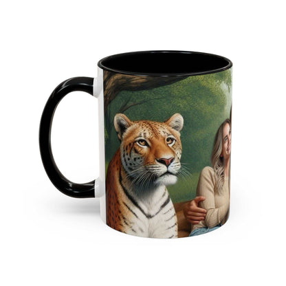 Ceramic coffee mug with tiger and lion couple design, glossy and vibrant, dishwasher and microwave safe.