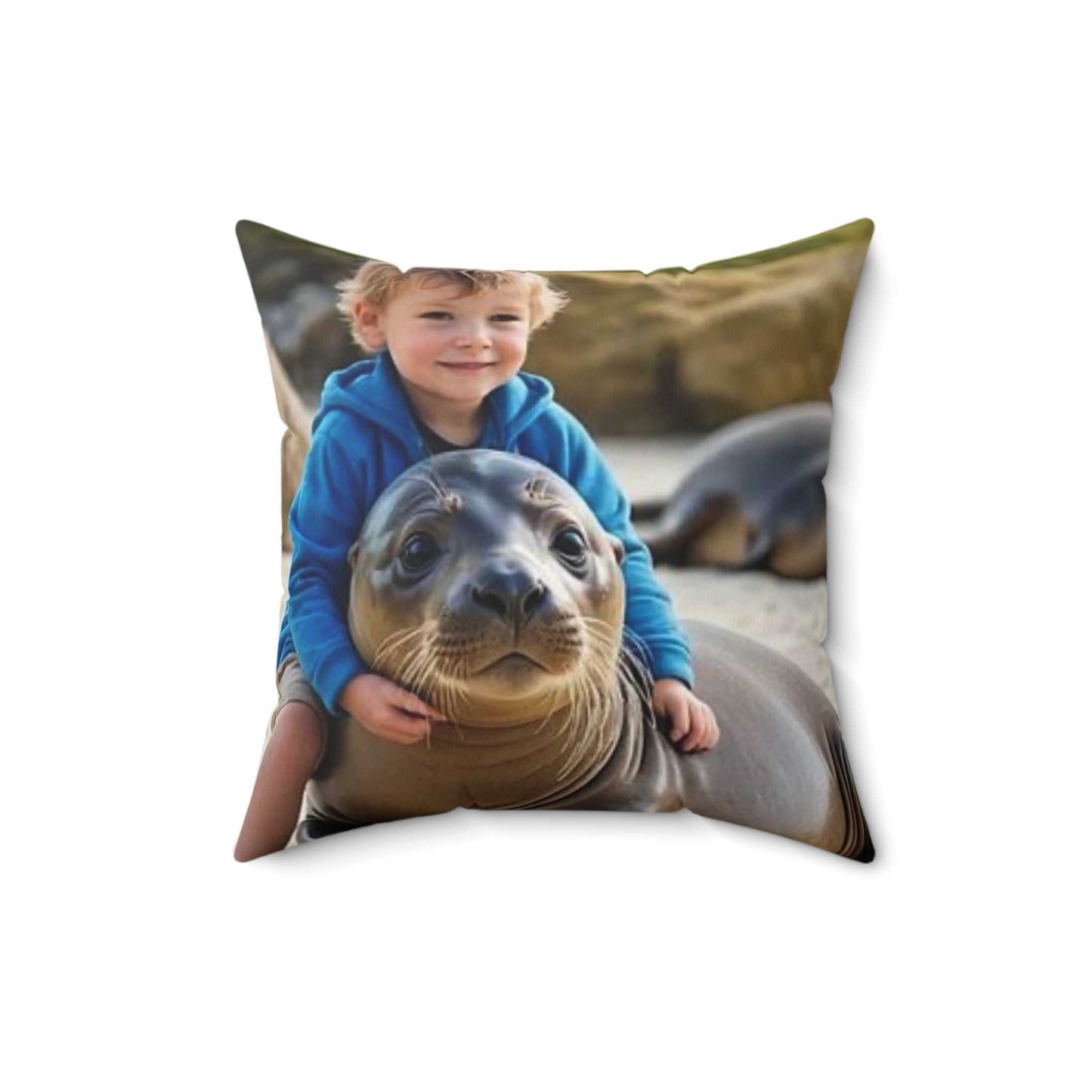 Gorilla pillow featuring young girl, boy on seal, paradisaic theme.