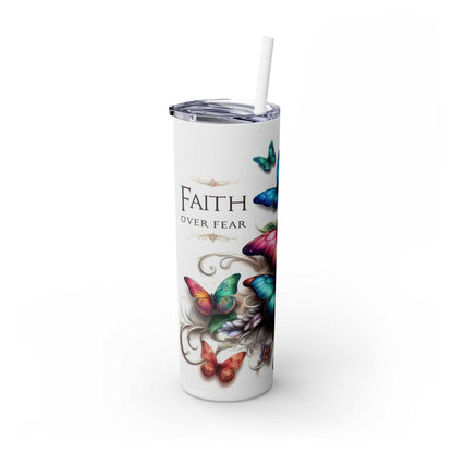 20oz tumbler with butterfly design and "Faith Conquers Fear" quote, BPA-free, keeps drinks hot or cold.