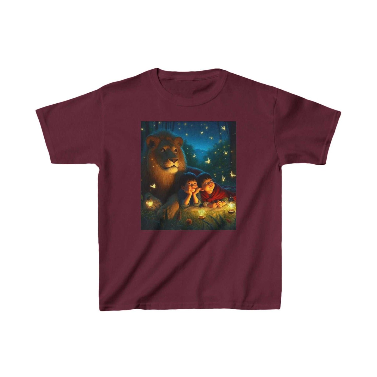 Kids' heavy cotton T-shirt featuring a peaceful nighttime animal scene print.