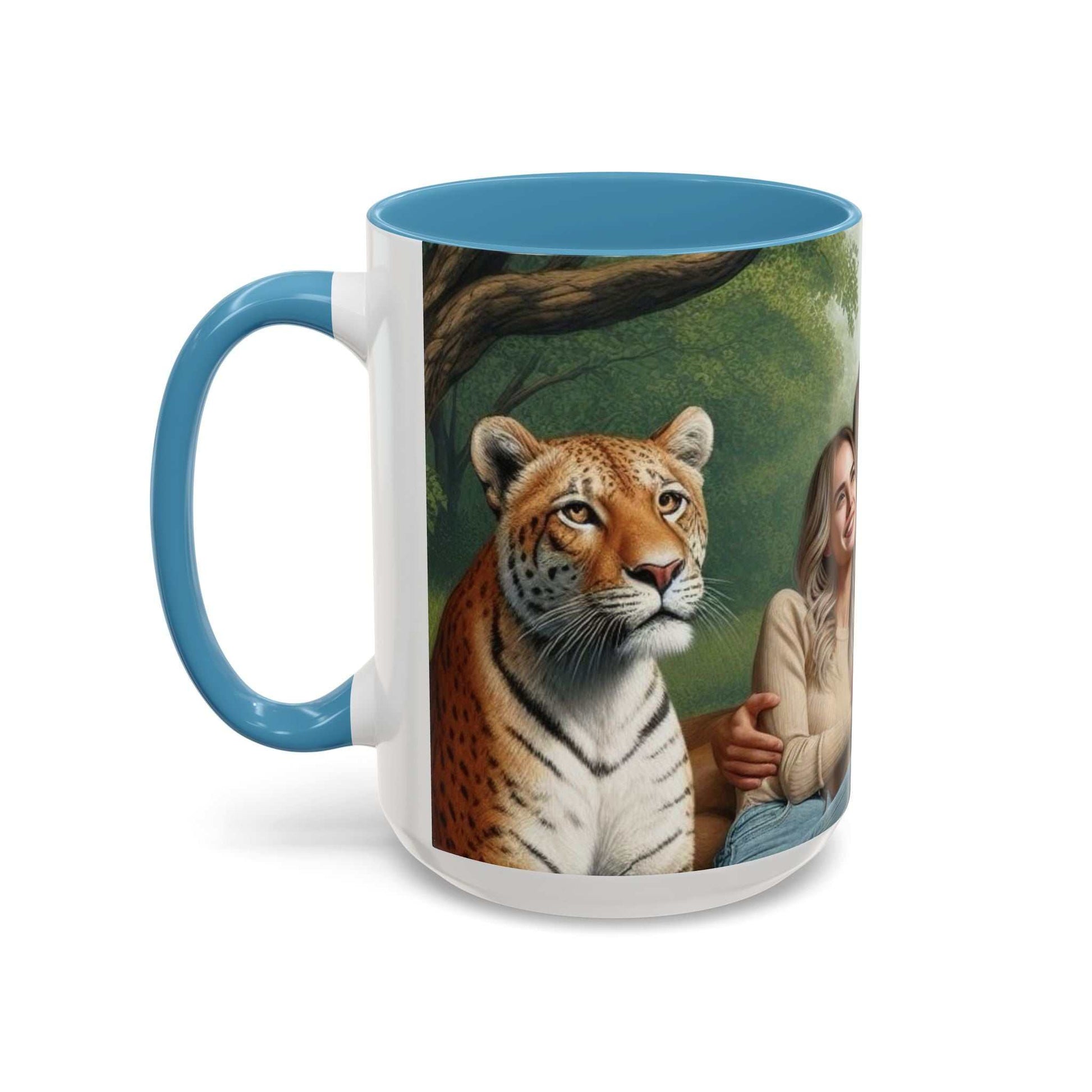 Ceramic coffee mug featuring a colorful design of a couple with a tiger and lion; glossy finish, microwave and dishwasher safe.