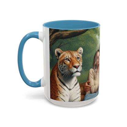 Ceramic coffee mug featuring a colorful design of a couple with a tiger and lion; glossy finish, microwave and dishwasher safe.