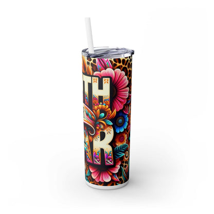 20oz Faith Over Fear tumbler with colorful design, keeps drinks hot or cold, includes plastic lid and straw.