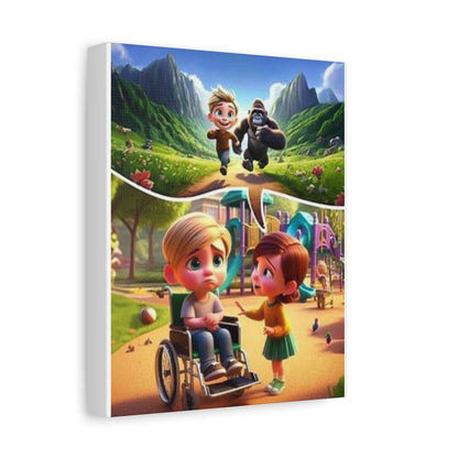 Wall art canvas featuring hope and overcoming disabilities, vibrant scene with children, eco-friendly materials.