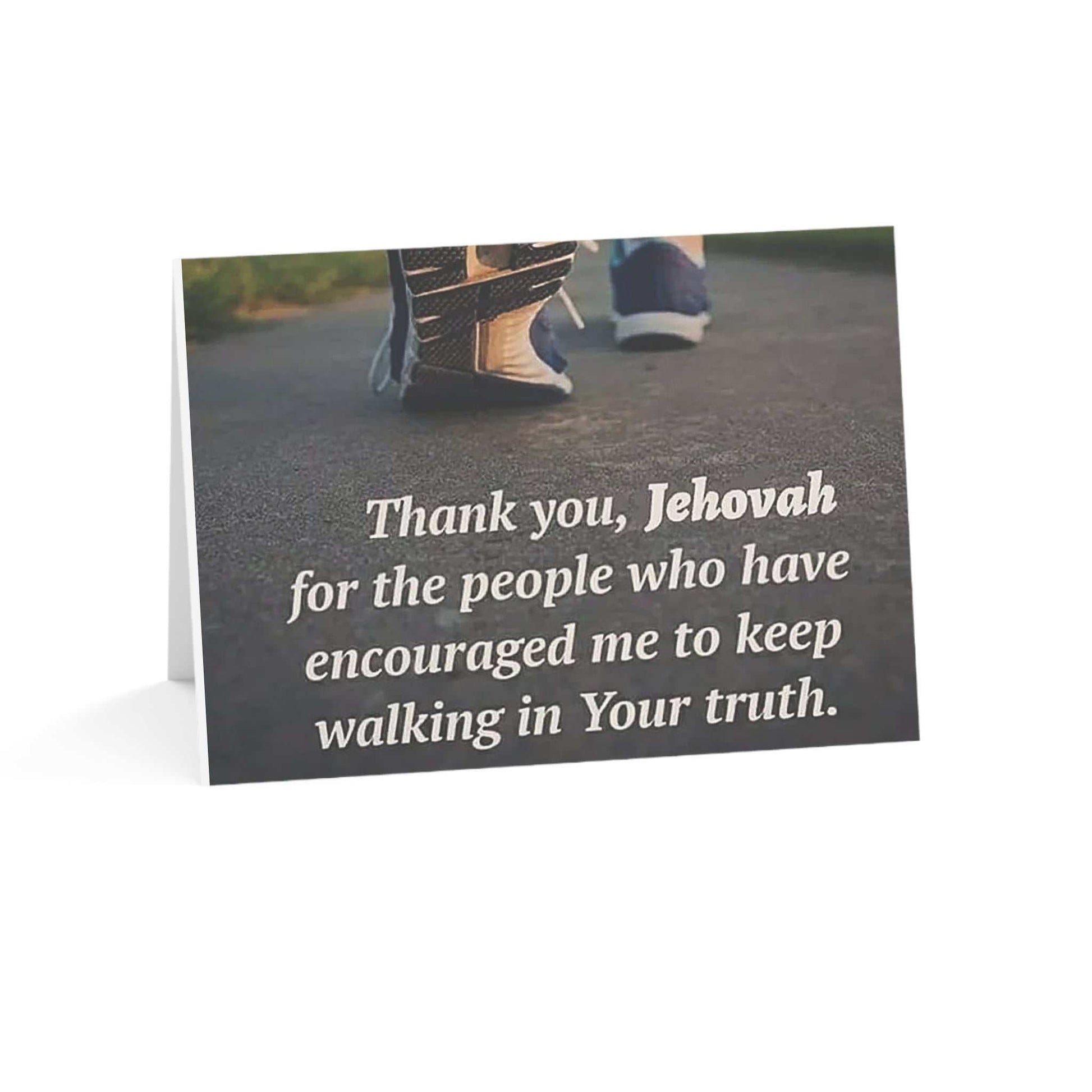 Greeting card with "Thank you, Jehovah" message and walking shoes.