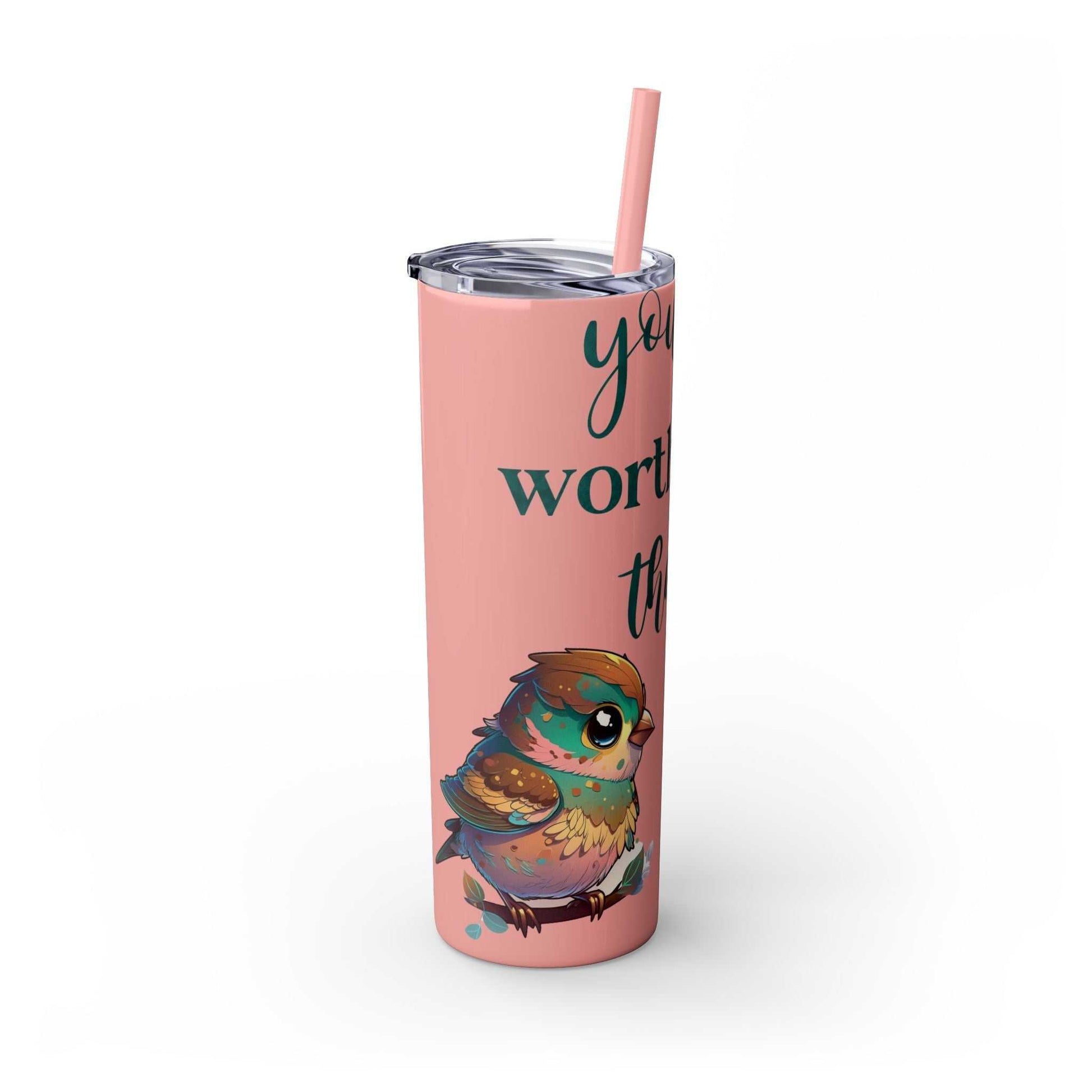 Stainless steel tumbler with sparrow design, featuring a plastic lid and straw, keeps drinks hot or cold, 20oz capacity.