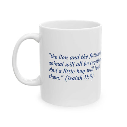 Ceramic coffee cup with turtle and lion design, Isaiah 11:6 quote, glossy finish, animal theme.