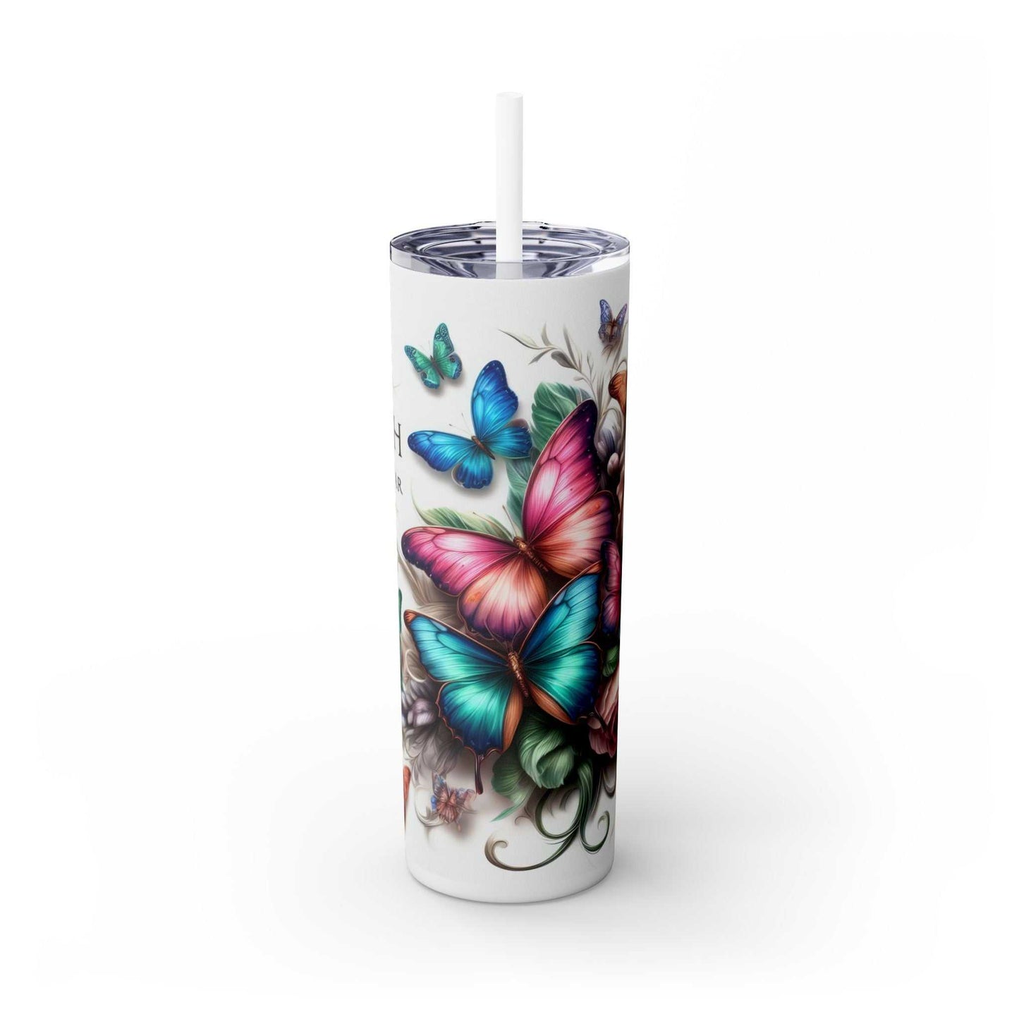 20oz tumbler with butterfly design and "Faith Conquers Fear" text, BPA-free, includes lid and straw.