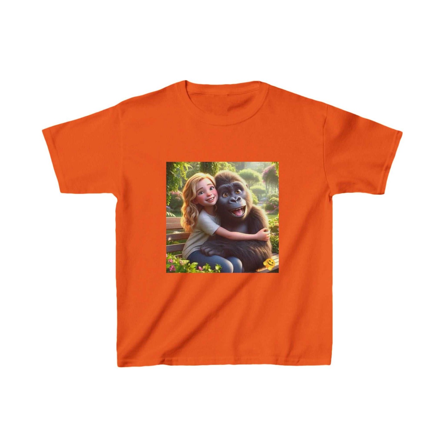 Orange child's t-shirt featuring a girl hugging a gorilla illustration.