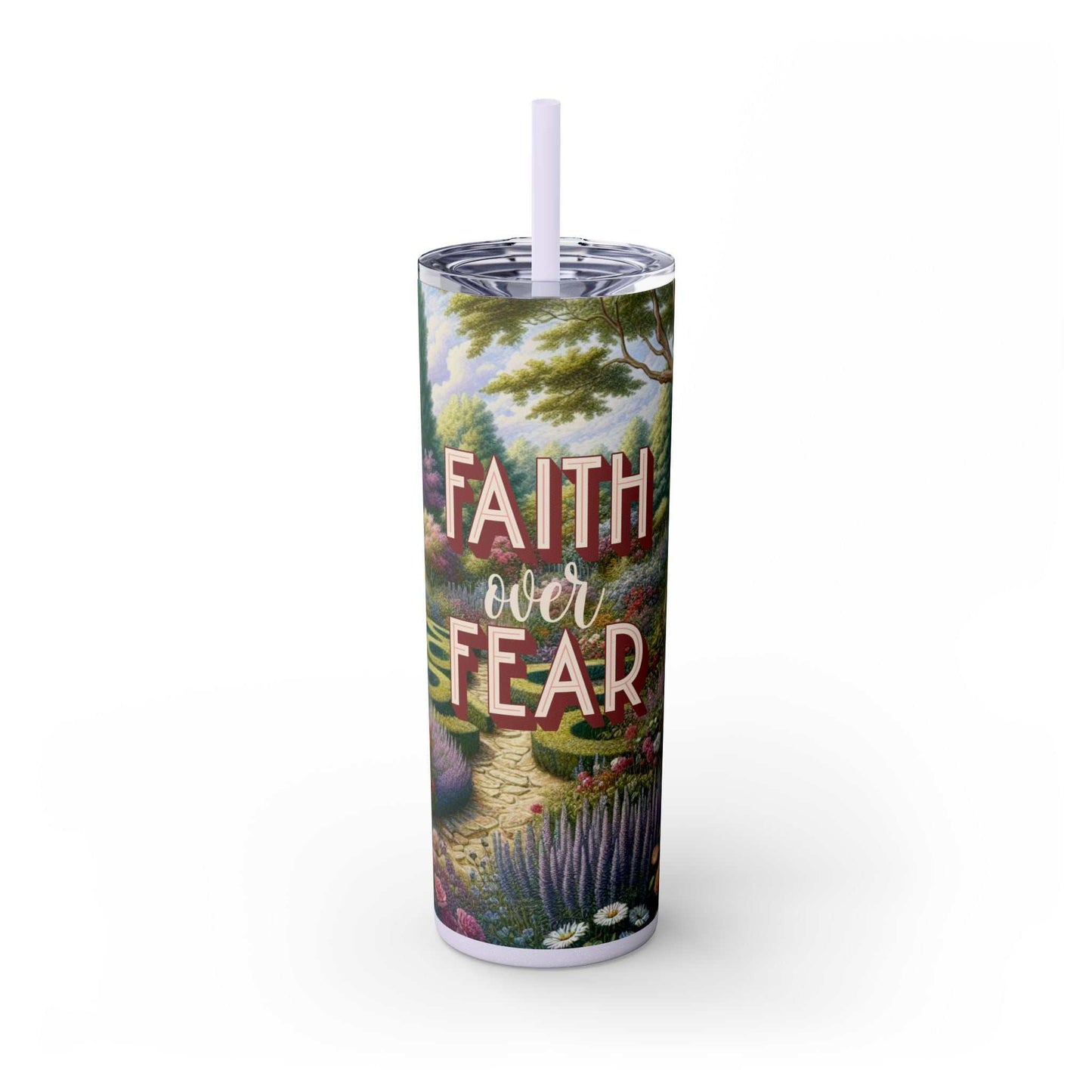 20 oz skinny tumbler with straw, "Faith Over Fear" design, stainless steel, BPA-free.