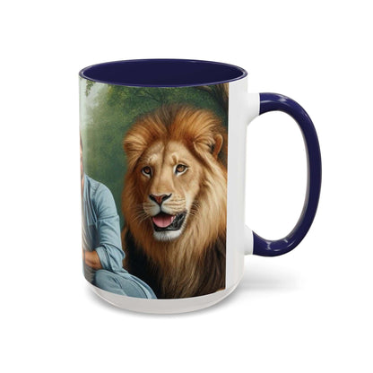 Ceramic coffee cup with tiger and lion design, glossy finish, vibrant colors.