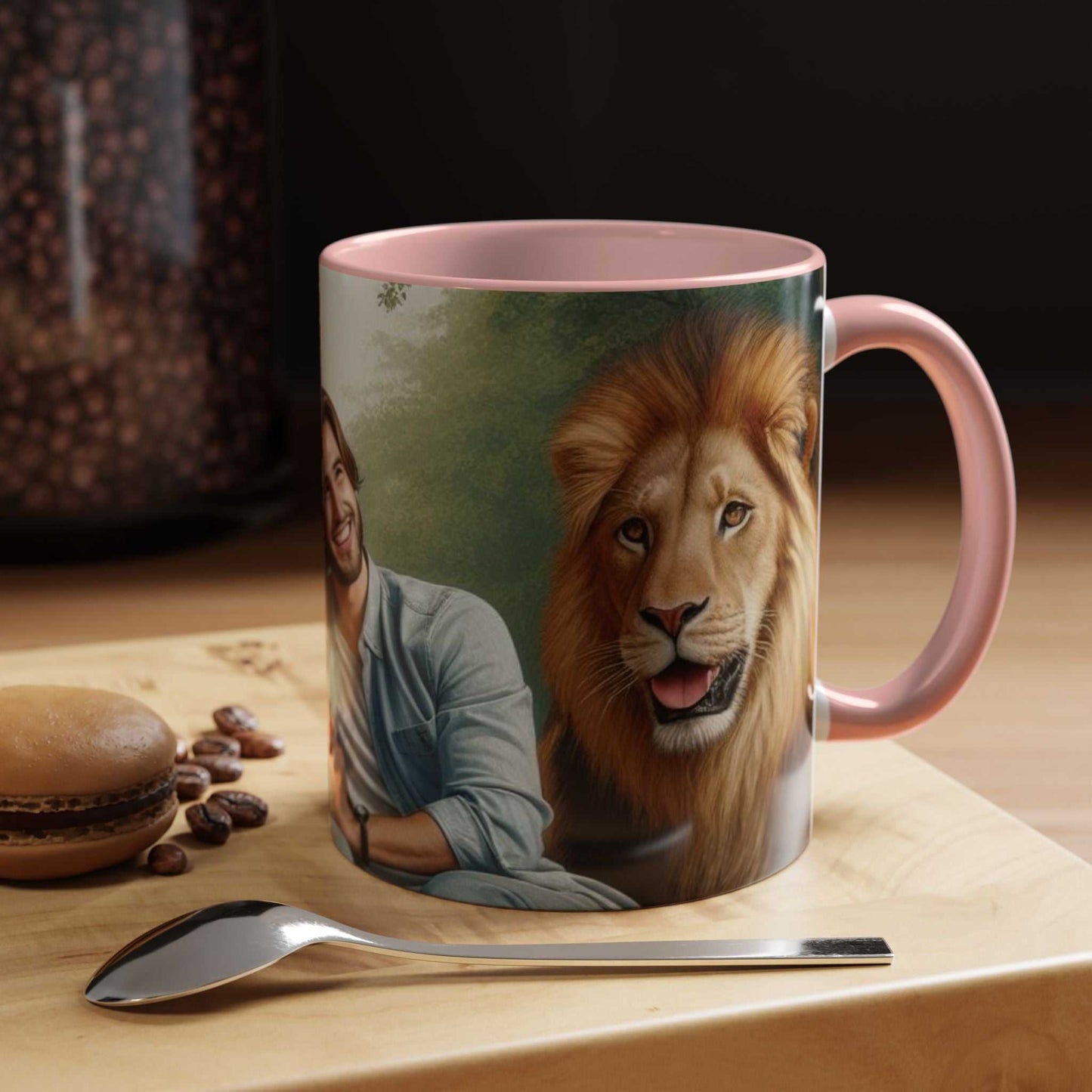 Ceramic coffee cup featuring a tiger and lion design, glossy finish, vibrant colors.