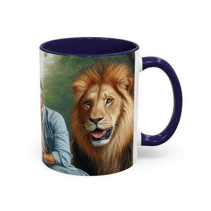 Ceramic coffee cup with tiger and lion couple design, glossy finish.