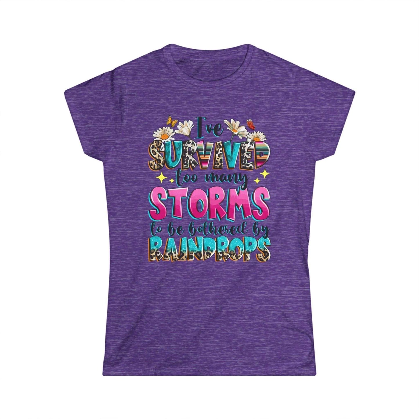 Women's T-Shirt with colorful text design, versatile for any occasion, featuring a ribbed knit collar, double needle hem, and side seams for durability and support.