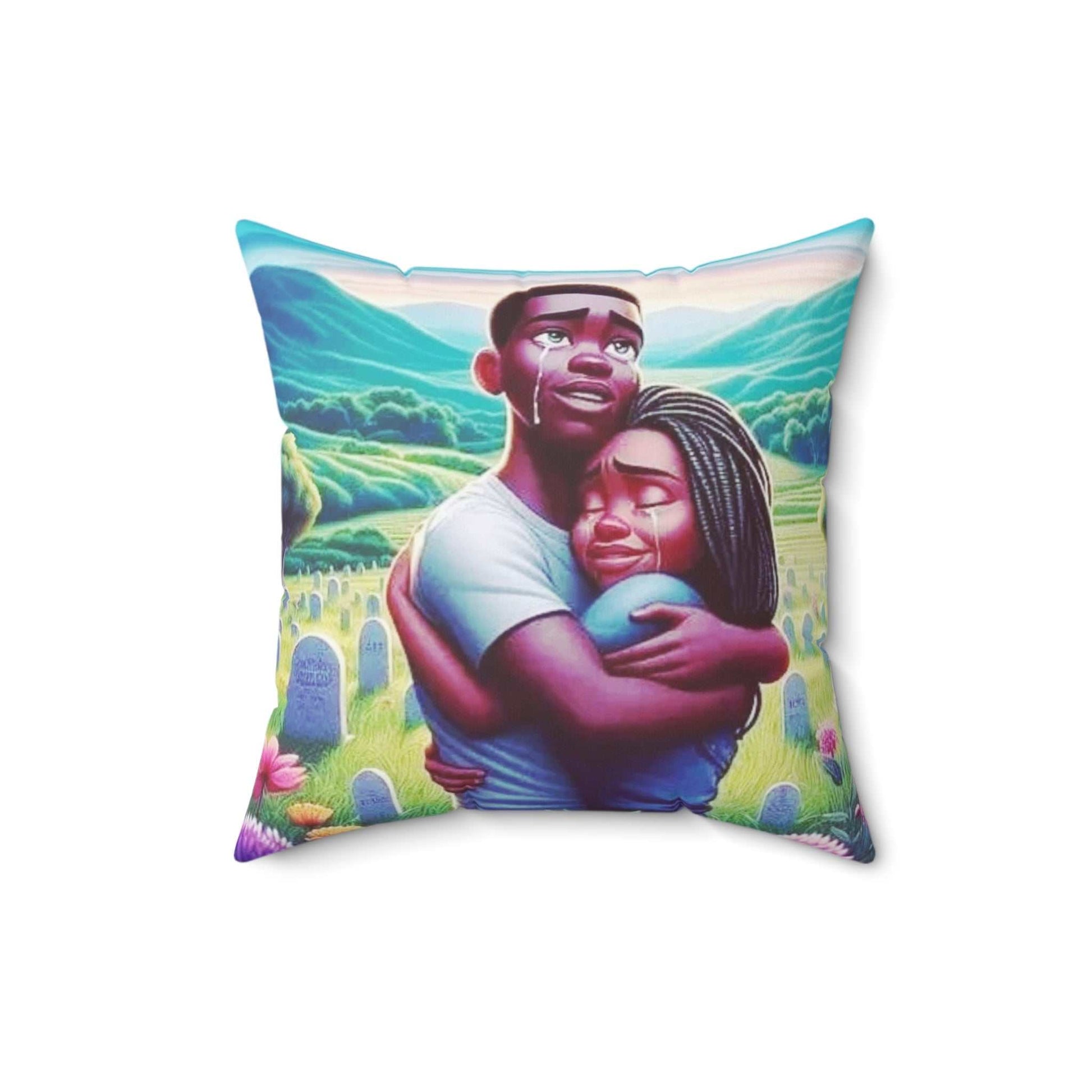 Square pillow featuring resurrection theme and happy couple embracing, 16" x 16", double-sided print.