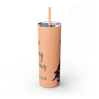 Stainless steel tumbler with "Worth More Than Sparrows" design, 20oz, double-wall, BPA-free, with straw and lid.