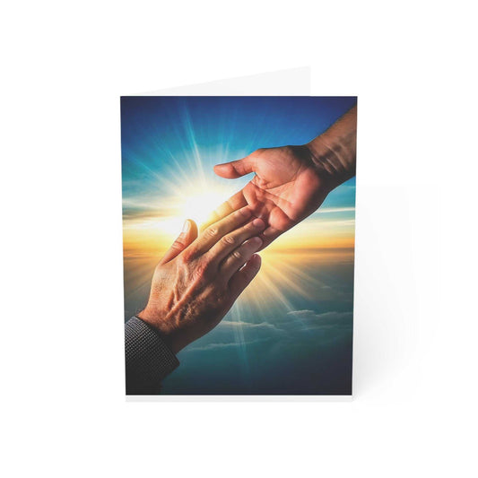 Greeting card with hands reaching towards each other under a radiant sky, conveying encouragement and support.