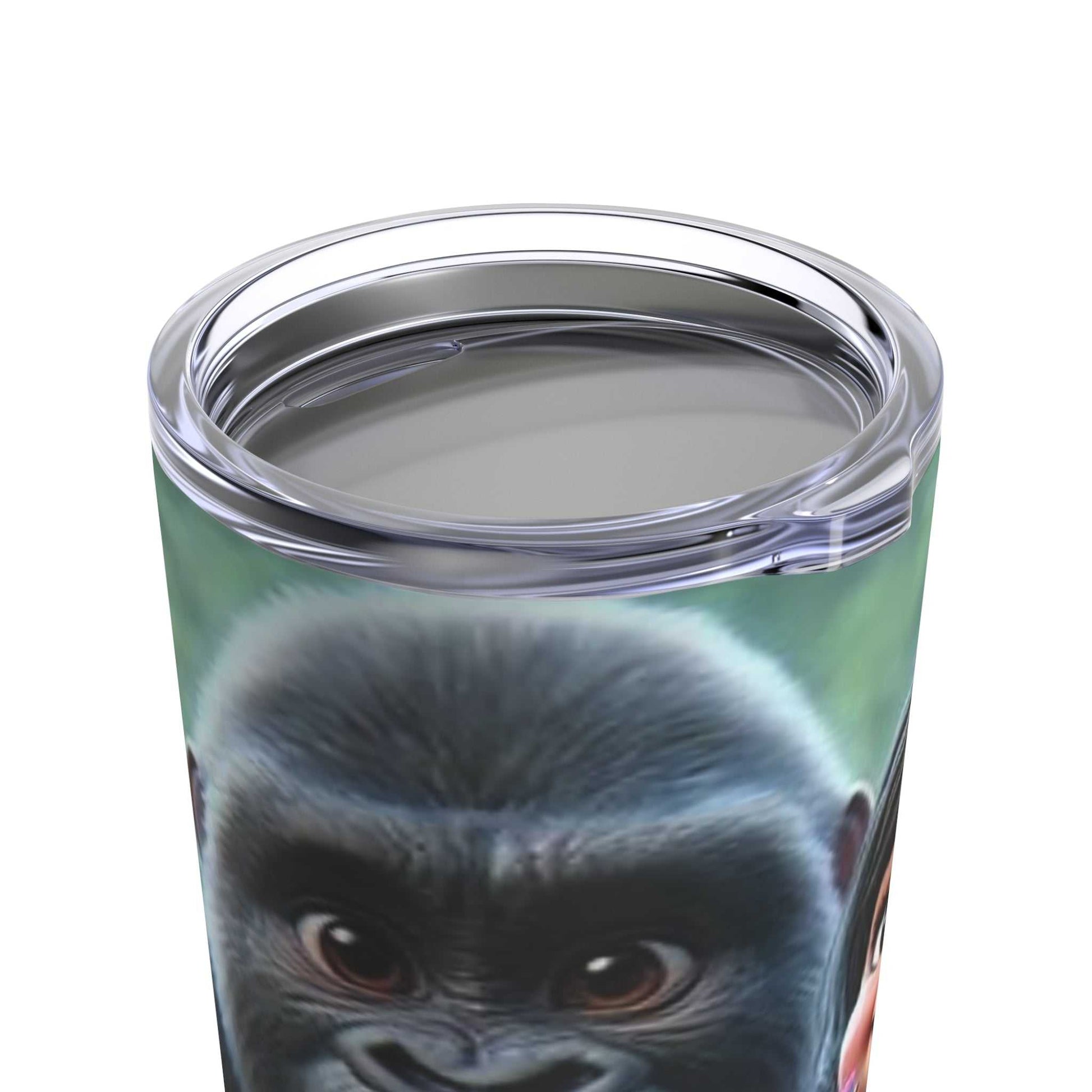 Insulated stainless steel tumbler with little girl and gorilla design, 20oz capacity.