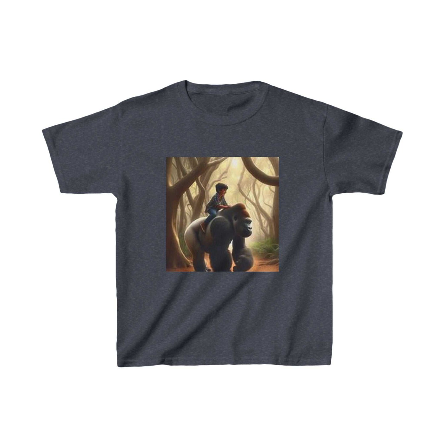 Child's T-shirt with boy riding a gorilla illustration, cotton fabric.