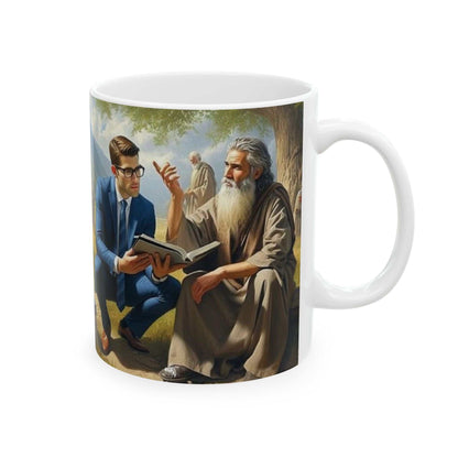 Ceramic coffee cup featuring family worship scene with a resurrected man in paradise, vibrant colors.