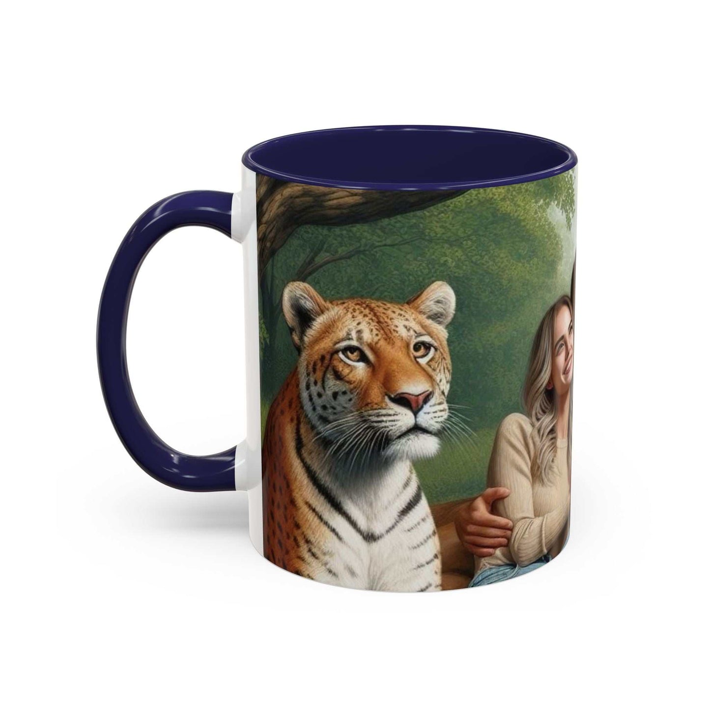 Ceramic coffee cup with tiger and lion couple design, vibrant colors, glossy finish.