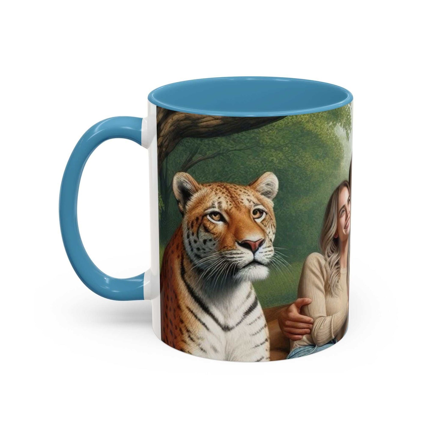 Ceramic coffee cup with tiger and lion couple design, vibrant colors, glossy finish.