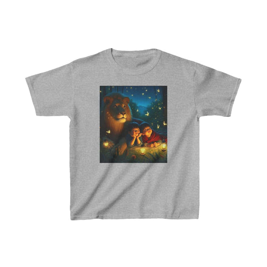 Kids Heavy Cotton Tee featuring an illustration of peace with animals at night, ideal for everyday wear.