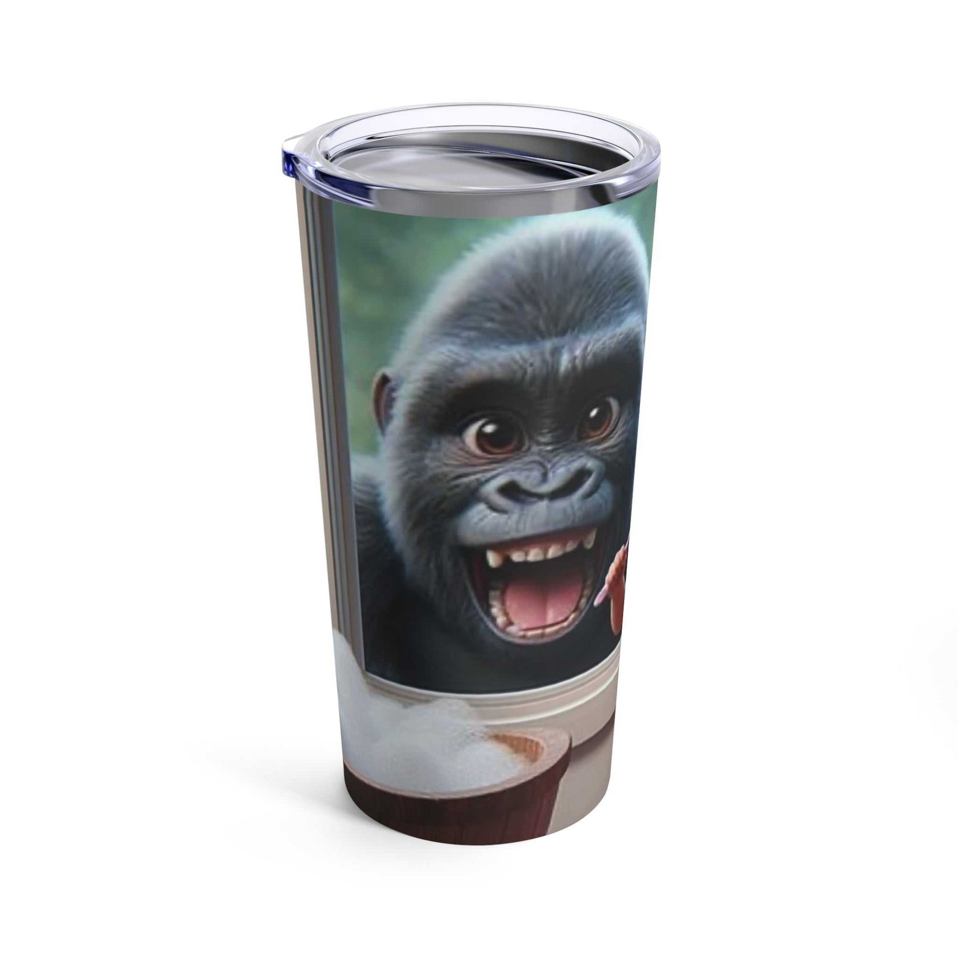 20oz stainless steel tumbler with a little girl and gorilla design, insulated for hot or cold beverages, dishwasher-safe.