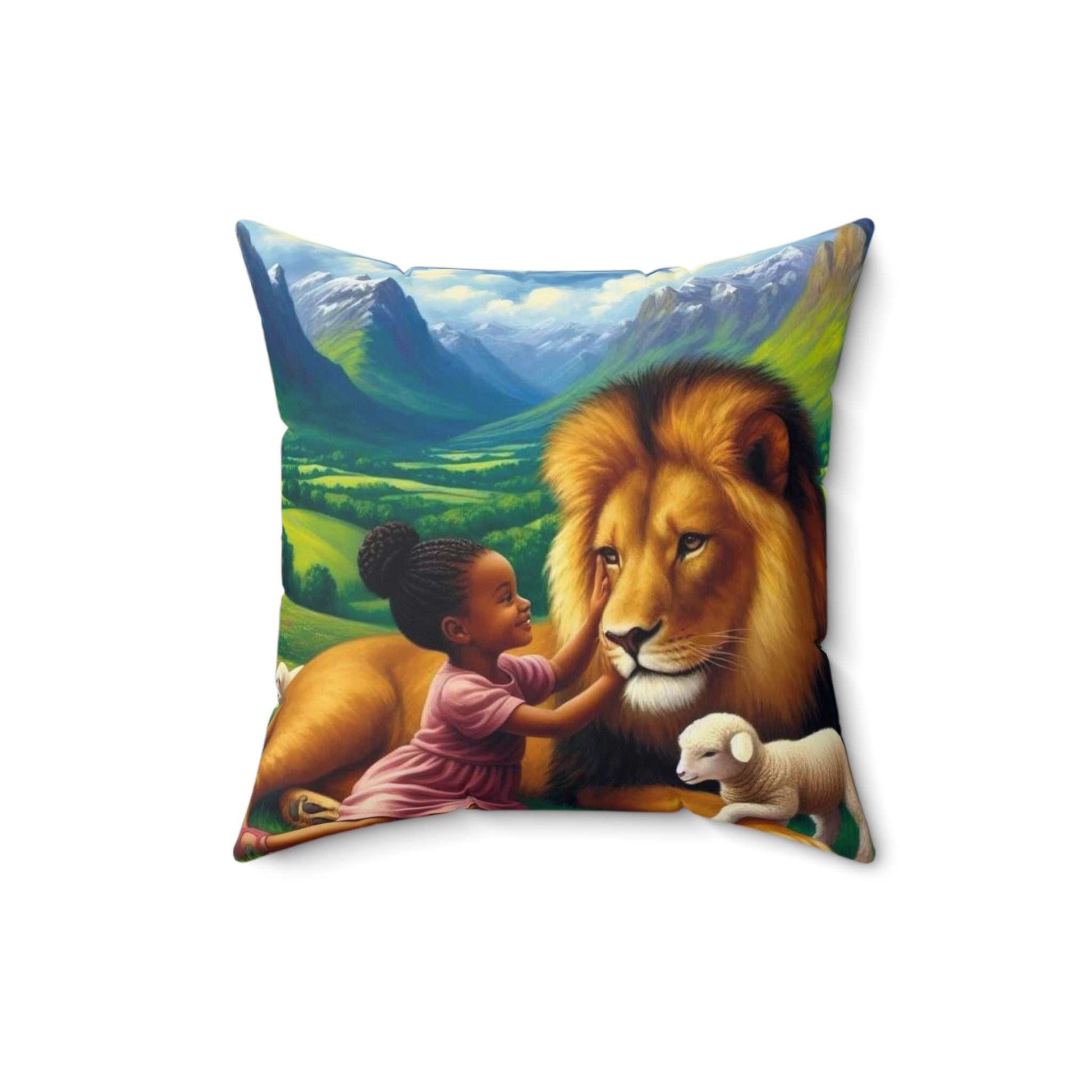 Pillow featuring a girl with a lion and a girl by a waterfall, 16x16 inches, polyester cover.