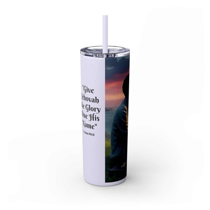 Tumbler featuring "Give Glory due Jehovah's Name" text, 20oz capacity, 2025 year edition, BPA-free, with lid and straw.