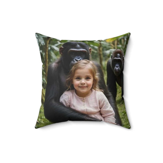 Pillow with a gorilla holding a young girl, peaceful animal-themed design.