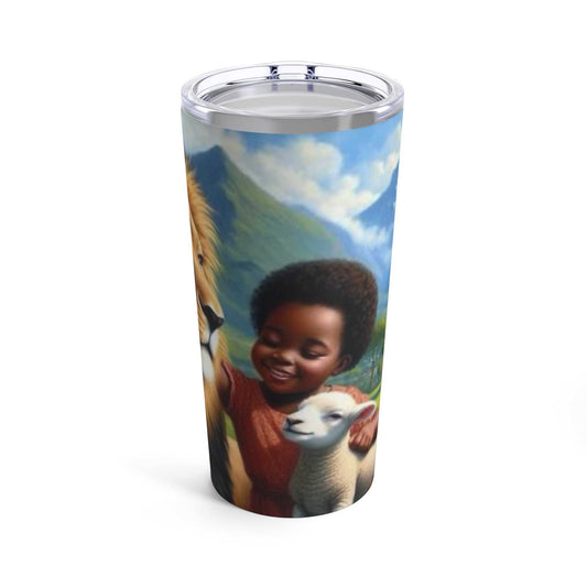 20oz insulated tumbler featuring a child with a lion and sheep, stainless steel, dishwasher-safe.