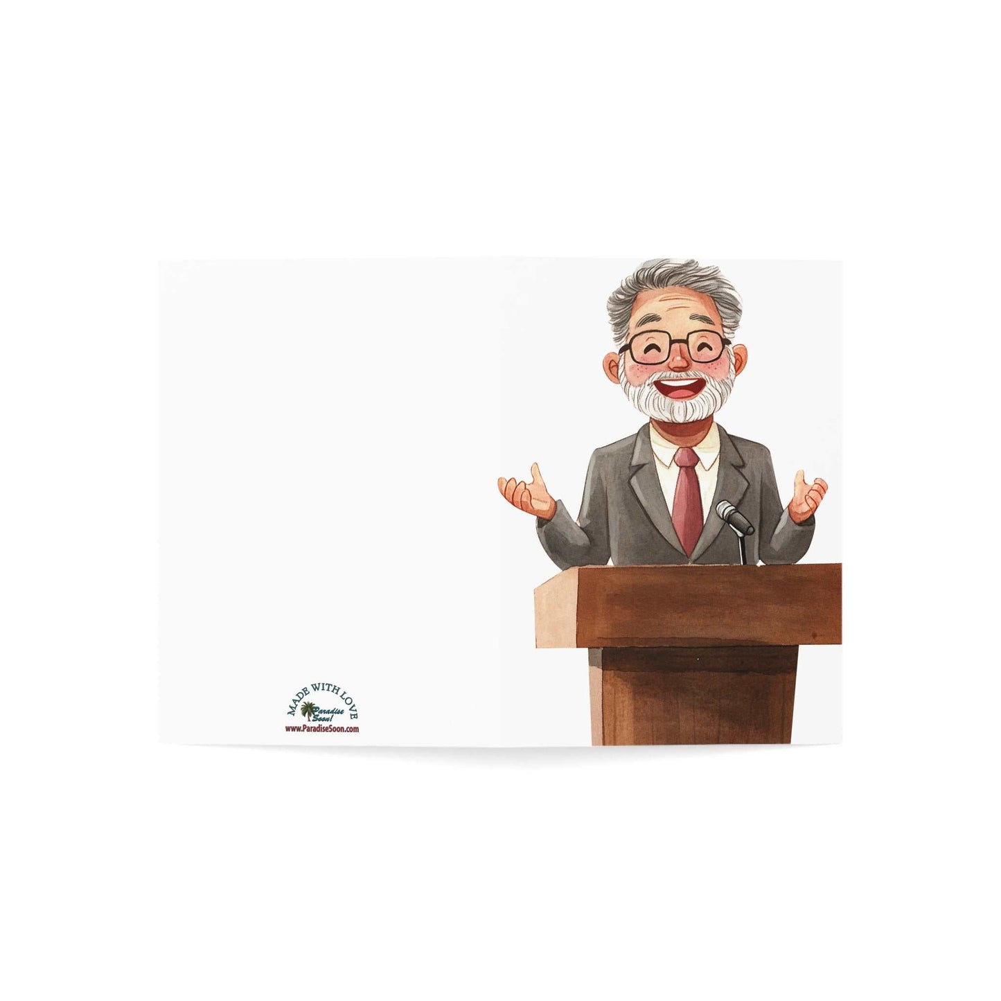 Greeting card featuring an illustration of a man speaking at a podium, designed to show appreciation and encouragement.