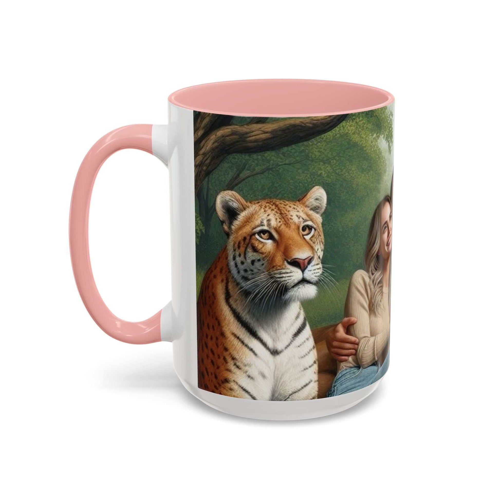 Ceramic coffee cup with tiger and lion couple design, vibrant colors, dishwasher and microwave safe.