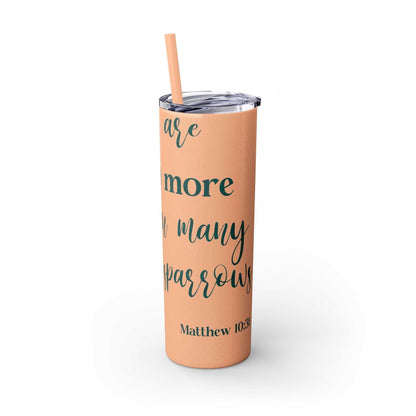 Stainless steel tumbler with inspirational text, 20oz, includes lid and straw.