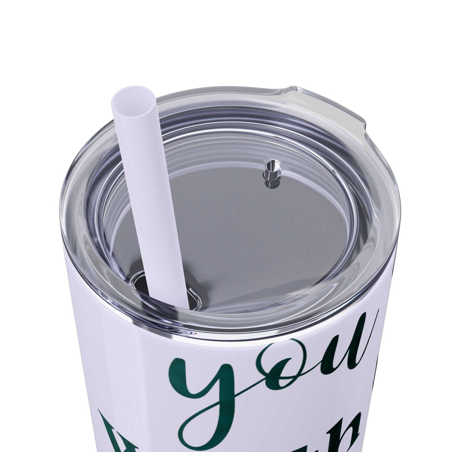 Stainless steel tumbler with "Worth More Than Sparrows" design, plastic lid, and matching straw.