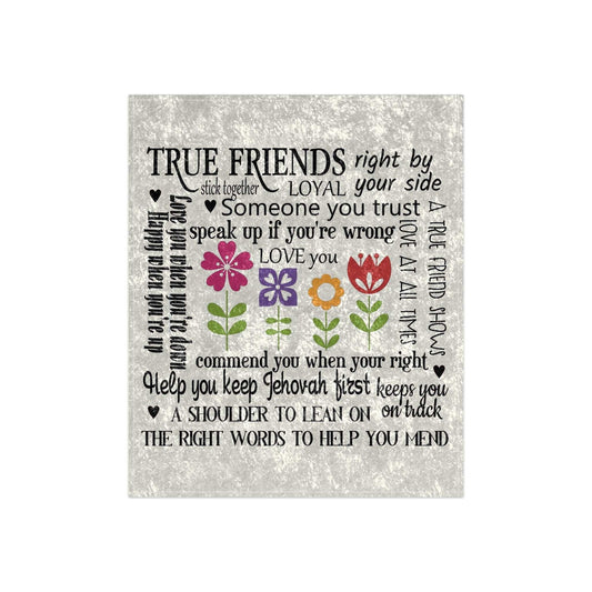 Crushed velvet blanket with custom floral design and friendship quotes, 50x60 inches.